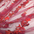 Red Handwork Beaded Embroidery Fabric